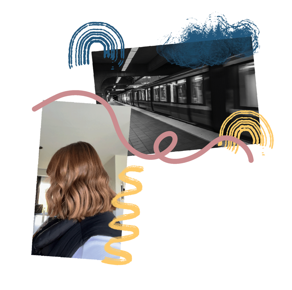 one picture shows hair and the other is Montreal's metro in black and white with some drawing decoration around them of different colours