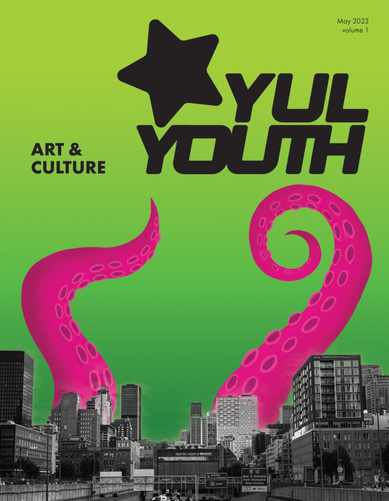 The magazine cover with a photograph of Montreal with pink tentacles coming out on a green background.