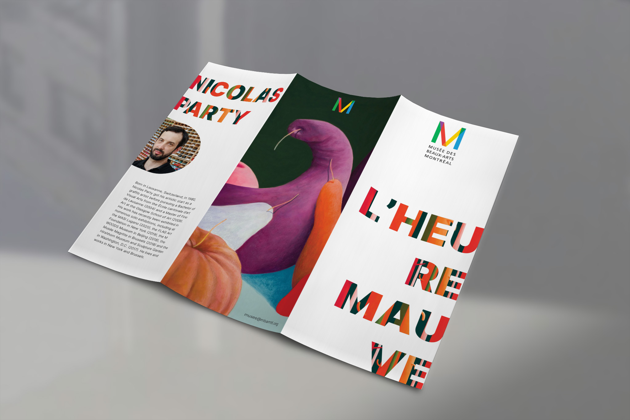 trifold mockup for the musée des beaux-arts Montréal with colourful paintings.