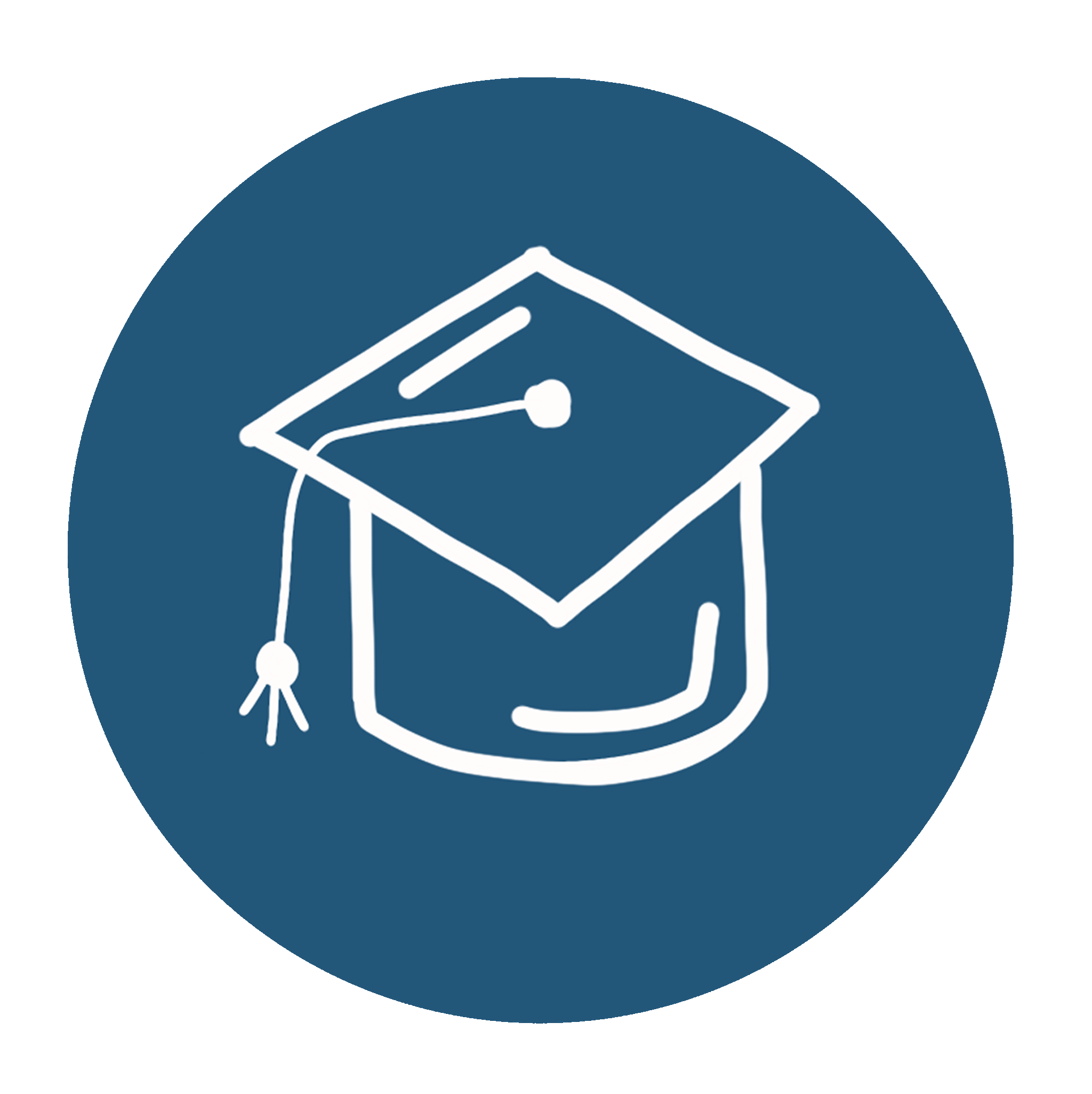 round icon of a white graduation hat on a dark blue background