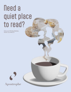 magazine ad with illustration of coffee cup on a light blue background