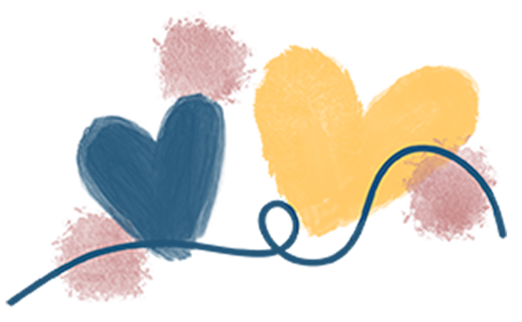 One blue and one yellow heart with pink and blue squiggles for resume page